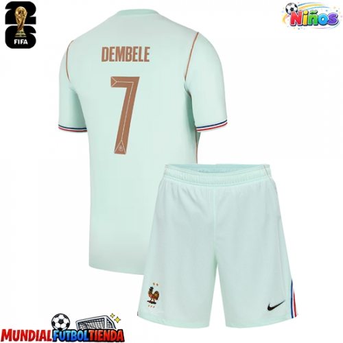 Camiseta Francia Ousmane Dembele #7 Segunda Equipación Replica Mundial 2026 para niños mangas cortas (+ Pantalones cortos)